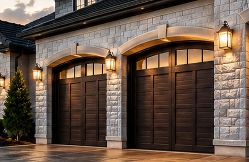 Two dark wood carriage style garage doors set in a stone front, lit at dusk